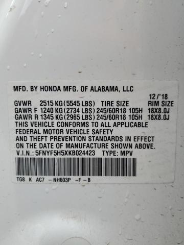 5FNYF5H5XKB024423 - 2019 HONDA PILOT EXL WHITE photo 13