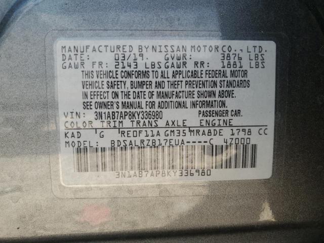 3N1AB7AP8KY336980 - 2019 NISSAN SENTRA S GRAY photo 12