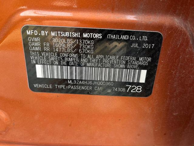 ML32A4HJ6JH000360 - 2018 MITSUBISHI MIRAGE SE ORANGE photo 10