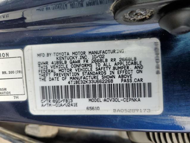 4T1BE32K33U662268 - 2003 TOYOTA CAMRY LE BLUE photo 13