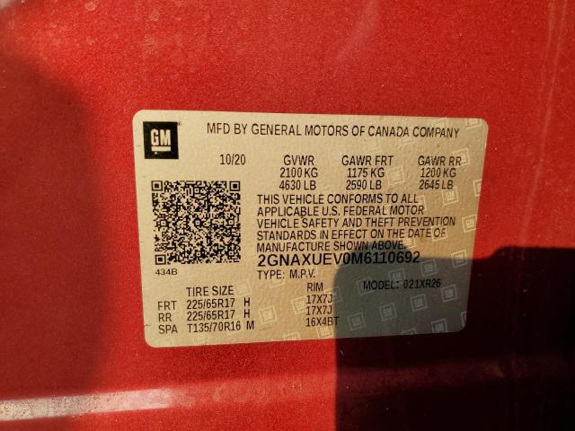 2GNAXUEV0M6110692 - 2021 CHEVROLET EQUINOX LT RED photo 13