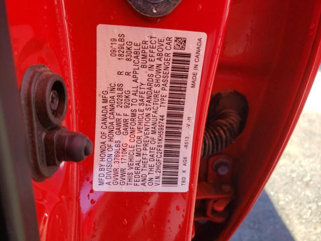 2HGFC2F81KH599744 - 2019 HONDA CIVIC SPORT 红色 照片 12