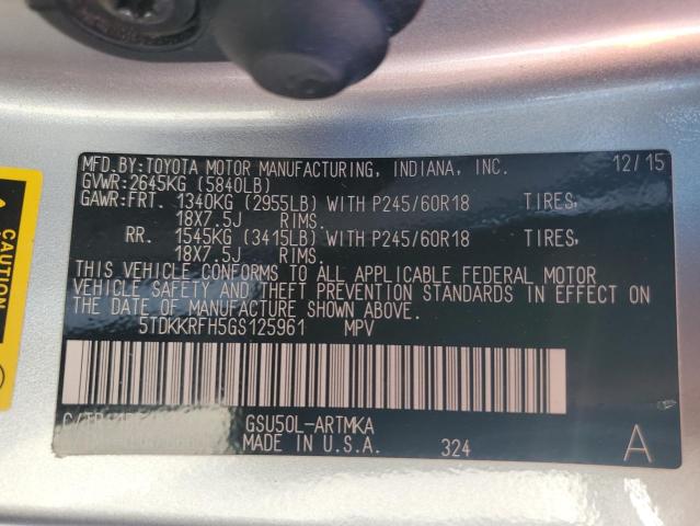 5TDKKRFH5GS125961 - 2016 TOYOTA HIGHLANDER XLE SILVER photo 13