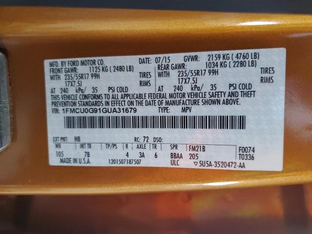 1FMCU0G91GUA31679 - 2016 FORD ESCAPE SE ORANGE photo 12