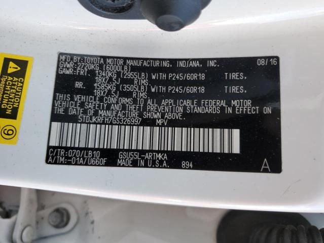 5TDJKRFH7GS326997 - 2016 TOYOTA HIGHLANDER XLE WHITE photo 13