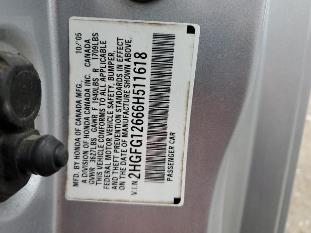 2HGFG12666H511618 - 2006 HONDA CIVIC LX SILVER photo 12