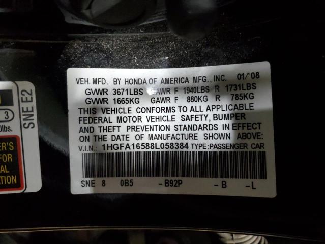 1HGFA16588L058384 - 2008 HONDA CIVIC LX BLACK photo 12