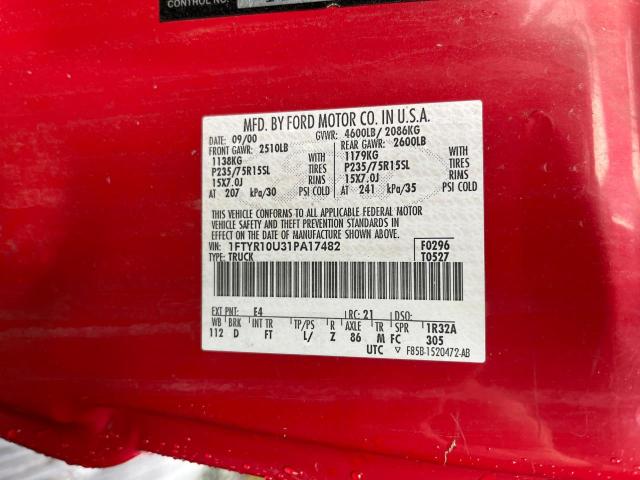 1FTYR10U31PA17482 - 2001 FORD RANGER RED photo 10