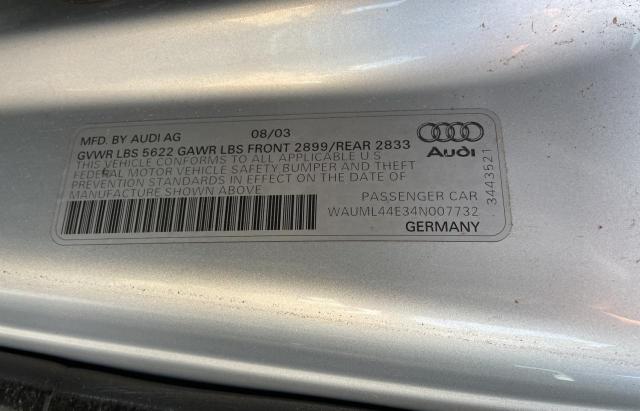 WAUML44E34N007732 - 2004 AUDI A8 L QUATTRO SILVER photo 10