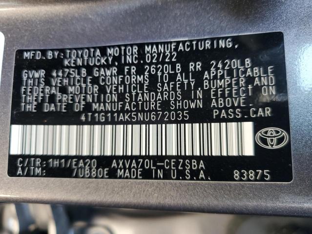 4T1G11AK5NU672035 - 2022 TOYOTA CAMRY SE GRAY photo 12