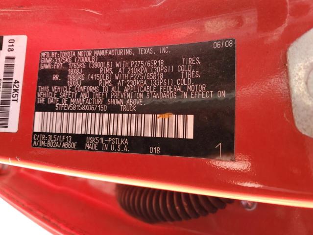 5TFEV58158X067150 - 2008 TOYOTA TUNDRA CREWMAX LIMITED RED photo 12