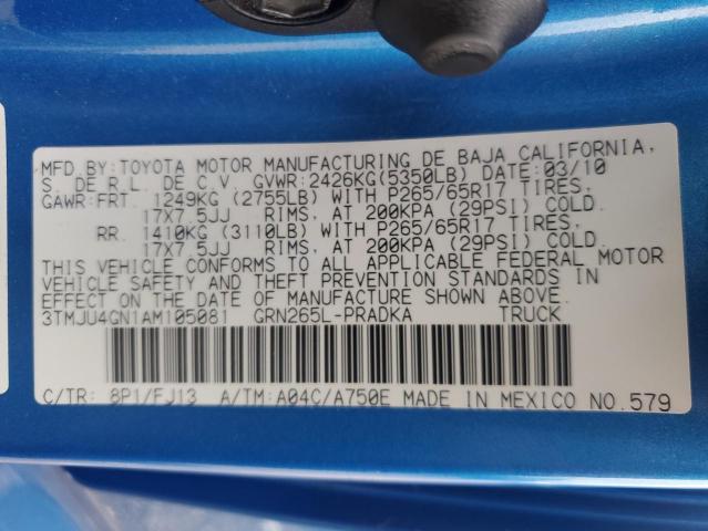 3TMJU4GN1AM105081 - 2010 TOYOTA TACOMA DOUBLE CAB PRERUNNER BLUE photo 12