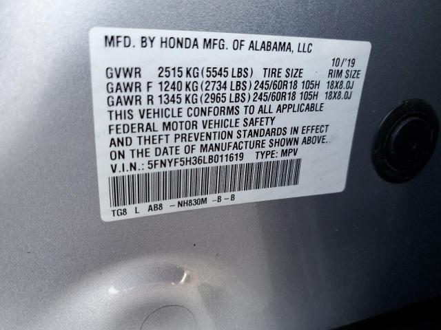 5FNYF5H36LB011619 - 2020 HONDA PILOT EX SILVER photo 13