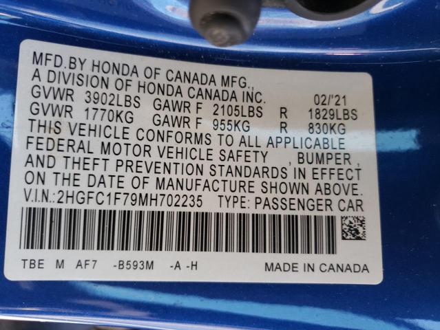 2HGFC1F79MH702235 - 2021 HONDA CIVIC EXL BLUE photo 13