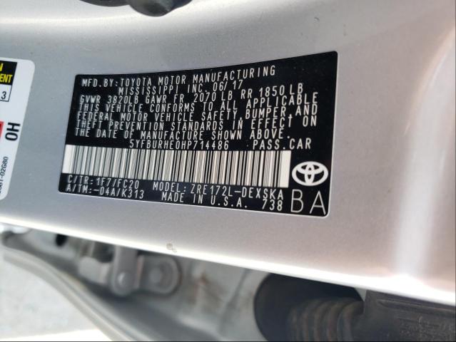 5YFBURHE0HP714486 - 2017 TOYOTA COROLLA L SILVER photo 10