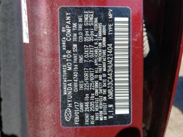 KM8J3CA43HU421404 - 2017 HYUNDAI TUCSON LIMITED MAROON photo 13