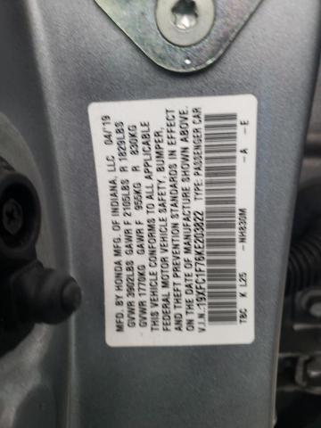 19XFC1F76KE203822 - 2019 HONDA CIVIC EXL ვერცხლისფერი ფოტო 12