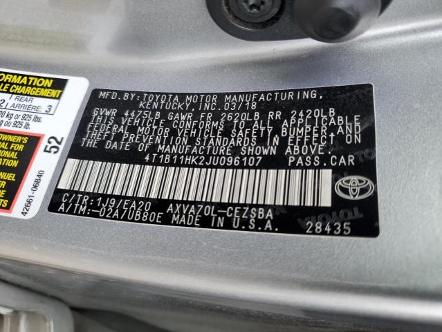 4T1B11HK2JU096107 - 2018 TOYOTA CAMRY L SILVER photo 13