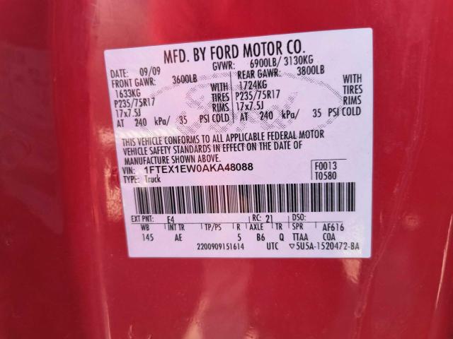 1FTEX1EW0AKA48088 - 2010 FORD F150 SUPER CAB RED photo 10