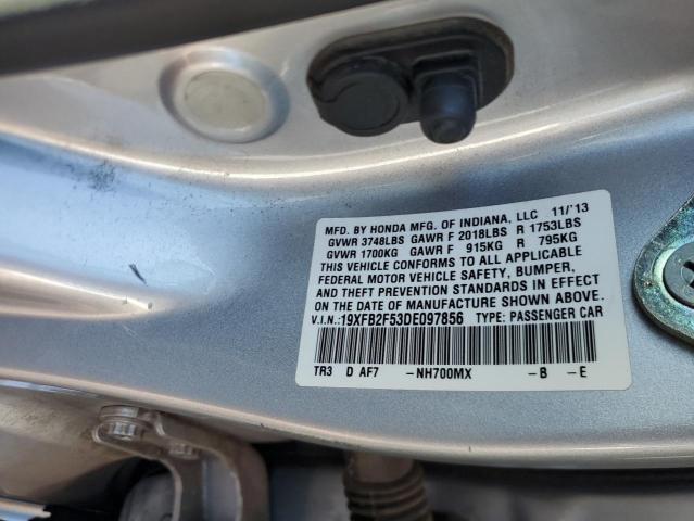 19XFB2F53DE097856 - 2013 HONDA CIVIC LX SILVER photo 12