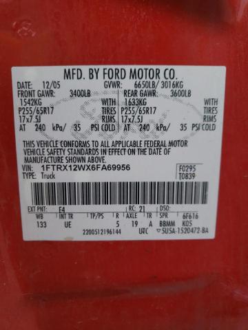 1FTRX12WX6FA69956 - 2006 FORD F150 RED photo 12