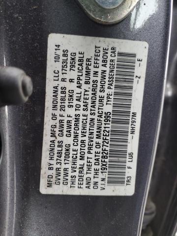 19XFB2F72FE211995 - 2015 HONDA CIVIC SE GRAY photo 12