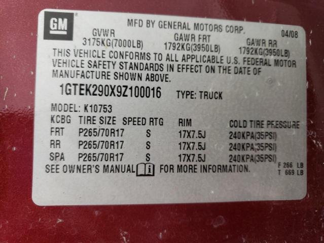 1GTEK290X9Z100016 - 2009 GMC SIERRA K1500 SLE BURGUNDY photo 12