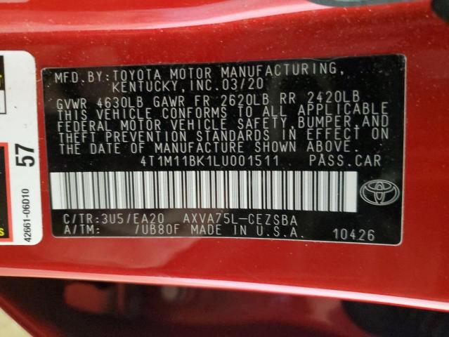 4T1M11BK1LU001511 - 2020 TOYOTA CAMRY SE RED photo 12