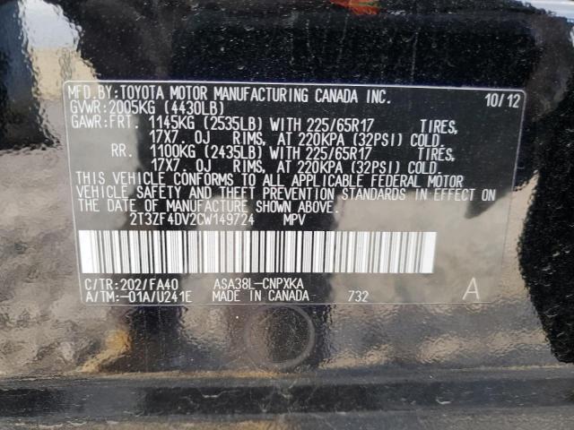 2T3ZF4DV2CW149724 - 2012 TOYOTA RAV4 BLACK photo 12