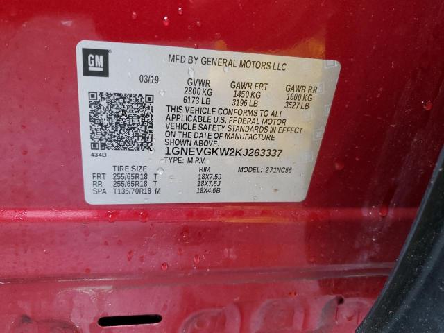 1GNEVGKW2KJ263337 - 2019 CHEVROLET TRAVERSE LT RED photo 12