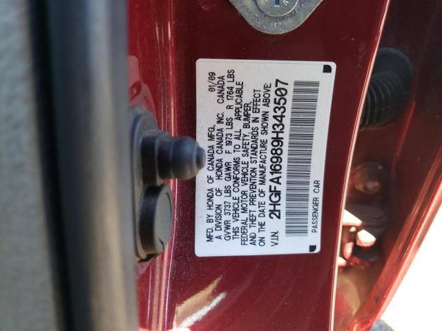 2HGFA16989H343507 - 2009 HONDA CIVIC EXL ბურგუნდია ფოტო 12