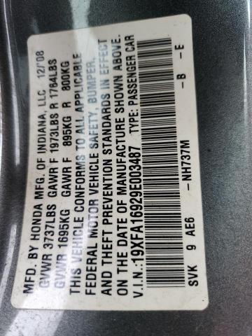 19XFA16929E003487 - 2009 HONDA CIVIC EXL ნაცრისფერი ფოტო 12