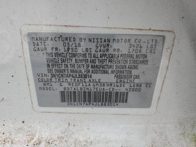 3N1CN7AP4JL883014 - 2018 NISSAN VERSA S WHITE photo 12