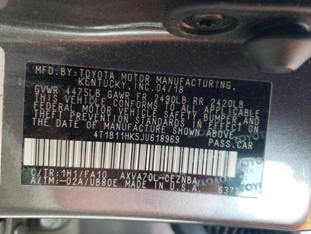 4T1B11HK5JU618969 - 2018 TOYOTA CAMRY L GRAY photo 12