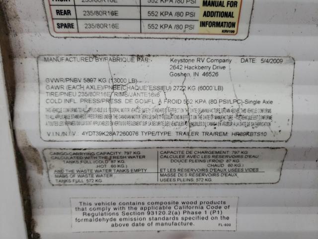 4YDT39K28A7260076 - 2010 KEYSTONE HORNET WHITE photo 10