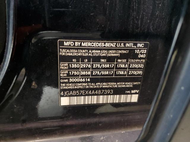 4JGAB57EX4A487393 - 2004 MERCEDES-BENZ ML 350 BLACK photo 12