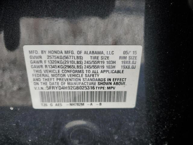 5FRYD4H92GB025316 - 2016 ACURA MDX ADVANCE GRAY photo 12