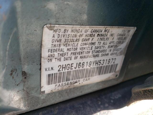 2HGEJ6619YH531972 - 2000 HONDA CIVIC BASE BLUE photo 13