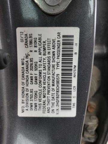 2HGFB2F83CH583579 - 2012 HONDA CIVIC EX GRAY photo 12