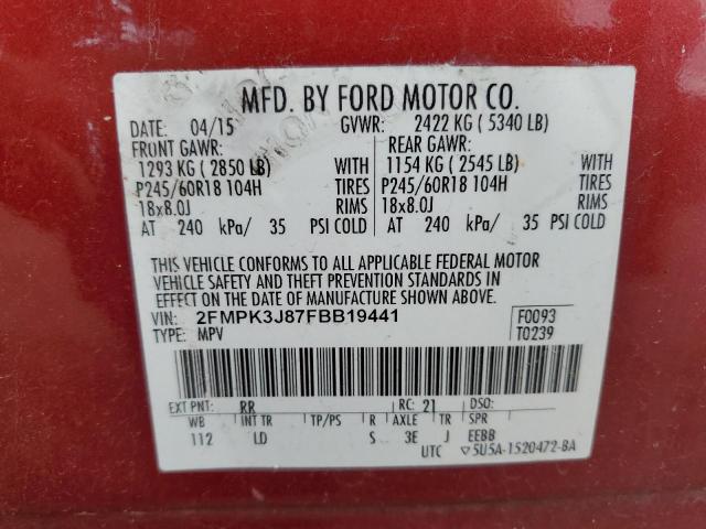 2FMPK3J87FBB19441 - 2015 FORD EDGE SEL RED photo 14