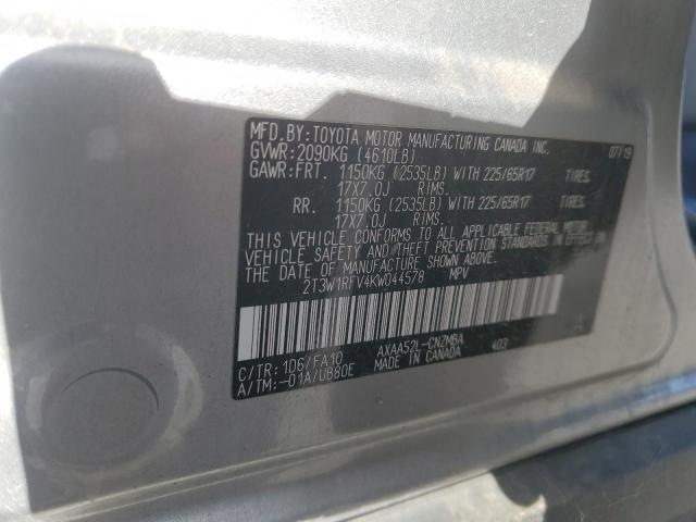 2T3W1RFV4KW044578 - 2019 TOYOTA RAV4 XLE SILVER photo 12