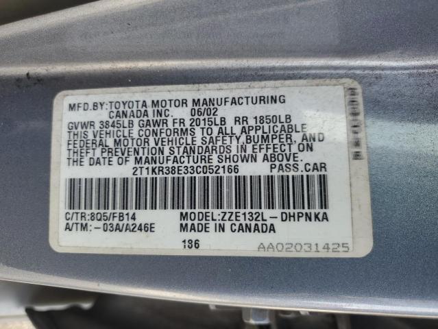 2T1KR38E33C052166 - 2003 TOYOTA COROLLA MA XR SILVER photo 12
