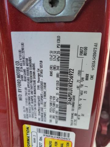 3FA6P0LU1KR256922 - 2019 FORD FUSION SE RED photo 12