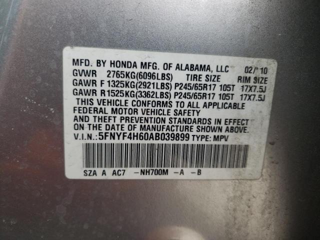 5FNYF4H60AB039899 - 2010 HONDA PILOT EXL SILVER photo 12