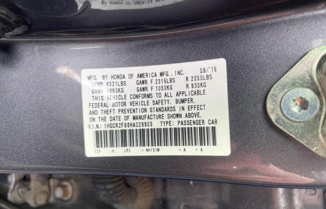 1HGCR2F89HA029905 - 2017 HONDA ACCORD EXL GRAY photo 10