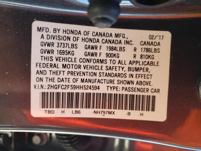 2HGFC2F59HH524594 - 2017 HONDA CIVIC LX GRAY photo 12