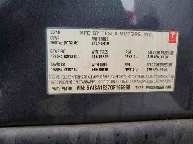 5YJSA1E27GF155968 - 2016 TESLA MODEL S Boz foto 12
