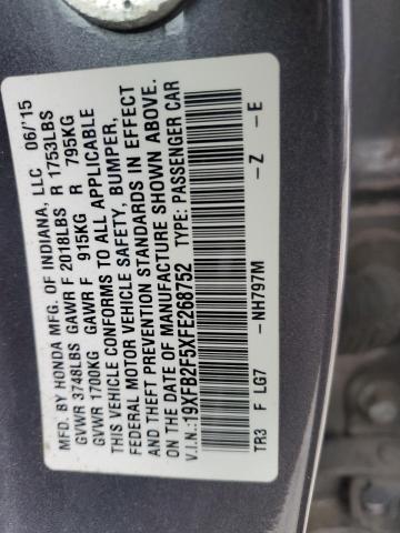 19XFB2F5XFE268752 - 2015 HONDA CIVIC LX GRAY photo 13