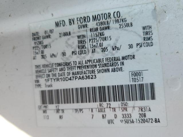 1FTYR10D47PA63623 - 2007 FORD RANGER WHITE photo 12