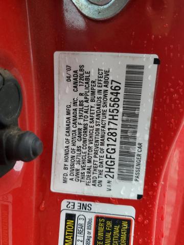 2HGFG12817H556467 - 2007 HONDA CIVIC EX RED photo 12